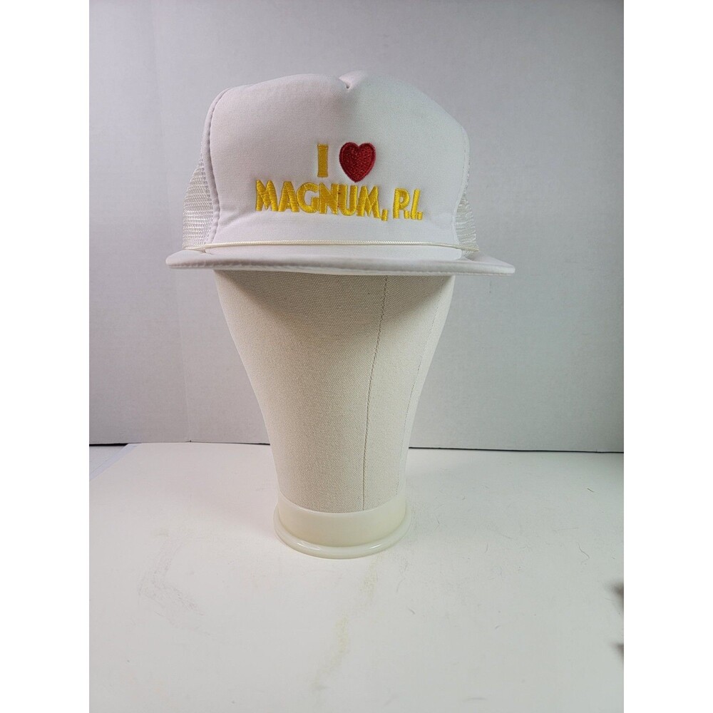 Vintage 1983 I Love Magnum PI Trucker Hat Snapback Universal Studios White Mesh
